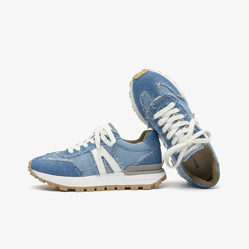 BeauToday Womens Denim Patchwork Cowhide Leather Chunky Sneakers