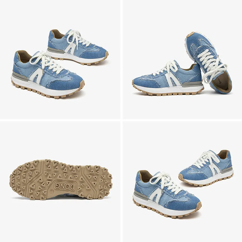 BeauToday Womens Denim Patchwork Cowhide Leather Chunky Sneakers