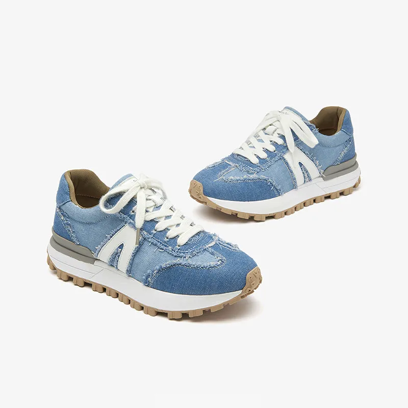BeauToday Womens Denim Patchwork Cowhide Leather Chunky Sneakers