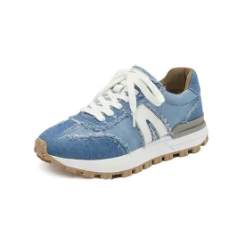 BeauToday Womens Denim Patchwork Cowhide Leather Chunky Sneakers