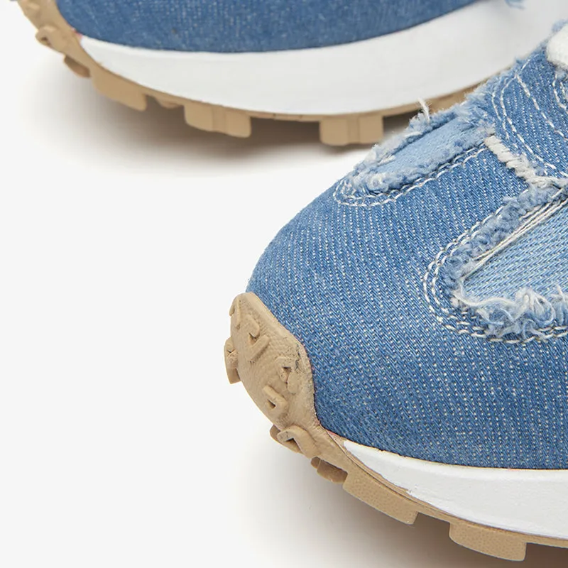 BeauToday Womens Denim Patchwork Cowhide Leather Chunky Sneakers