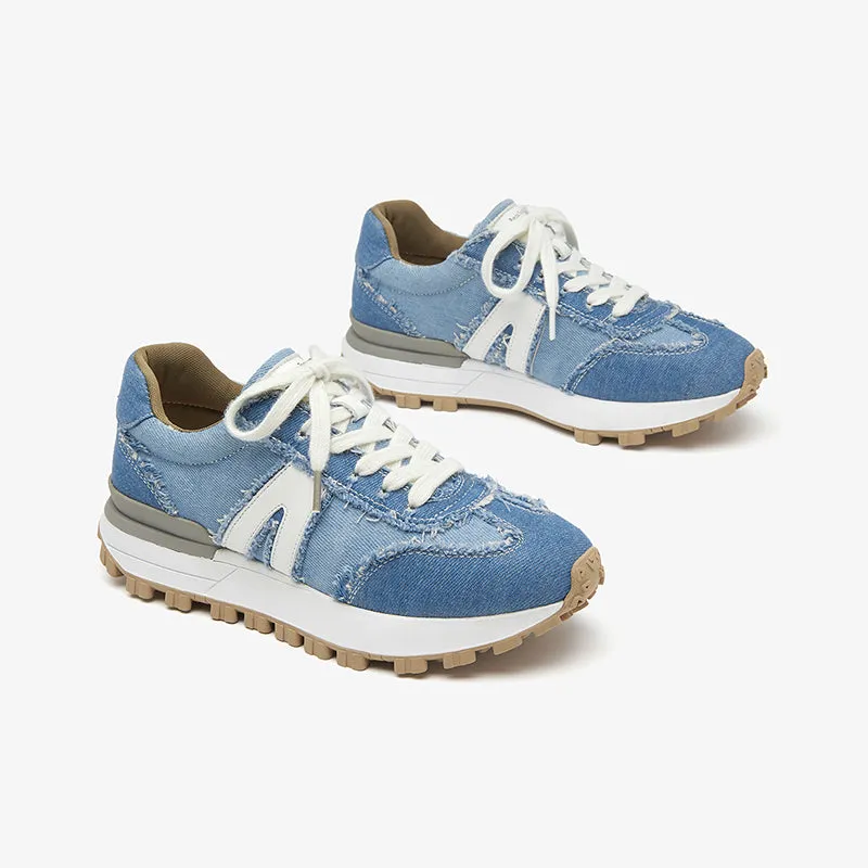 BeauToday Womens Denim Patchwork Cowhide Leather Chunky Sneakers
