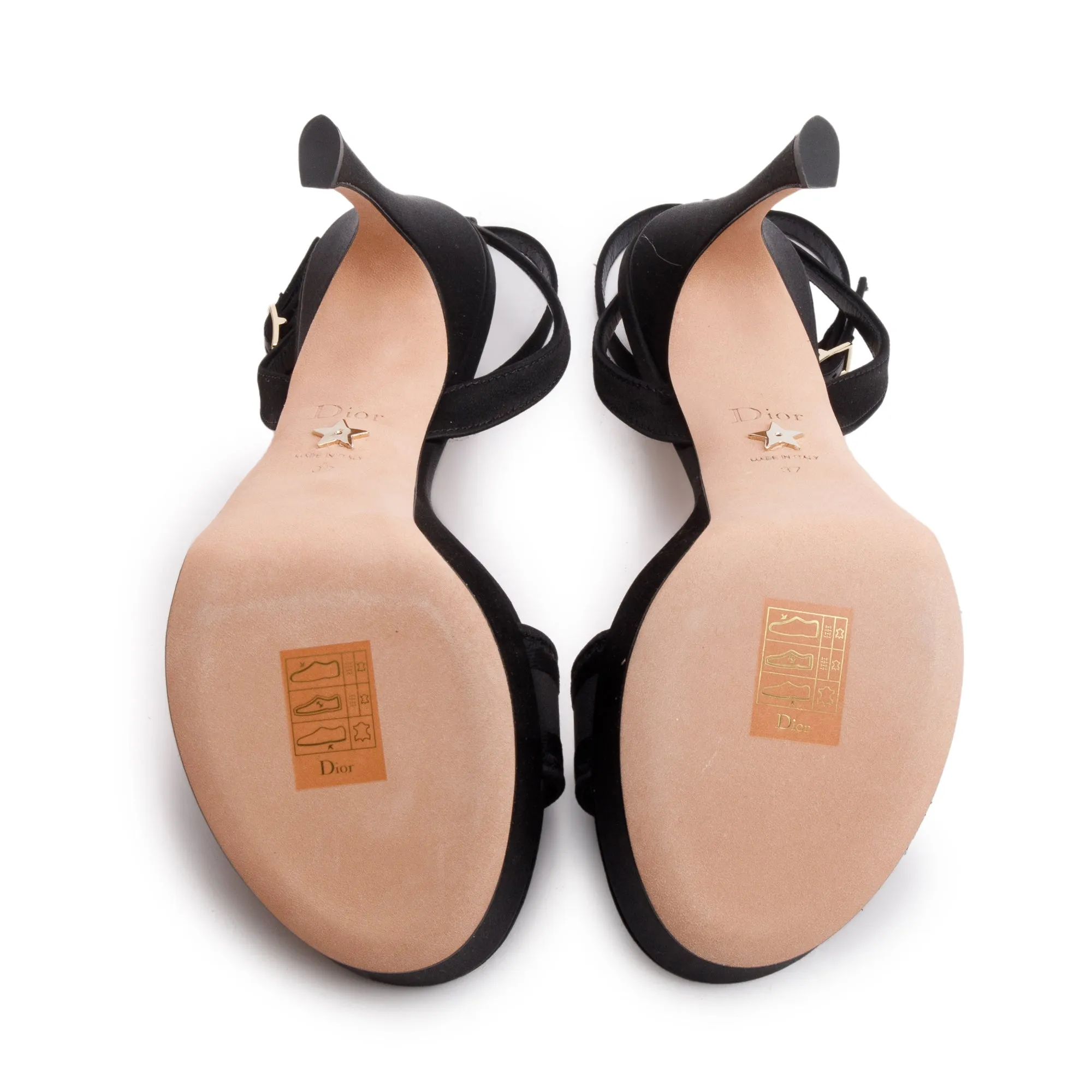 Christian Dior Black Embroidered Satin Lambskin Leather Dway Heeled Sandals, Size 37 w/ Box