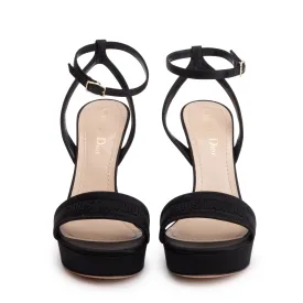 Christian Dior Black Embroidered Satin Lambskin Leather Dway Heeled Sandals, Size 37 w/ Box