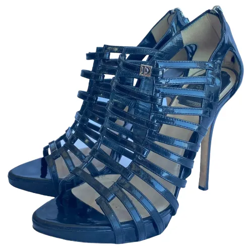 CHRISTIAN DIOR Black Patent Leather Caged Strappy Heel Sandals, Size 36.5