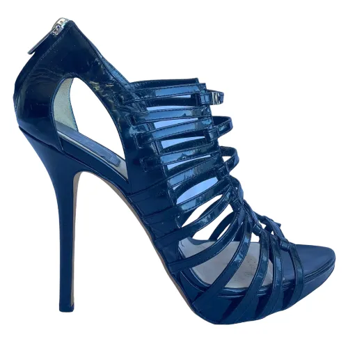 CHRISTIAN DIOR Black Patent Leather Caged Strappy Heel Sandals, Size 36.5