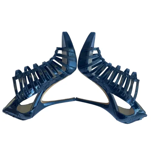CHRISTIAN DIOR Black Patent Leather Caged Strappy Heel Sandals, Size 36.5