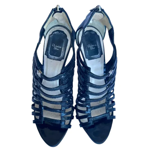 CHRISTIAN DIOR Black Patent Leather Caged Strappy Heel Sandals, Size 36.5