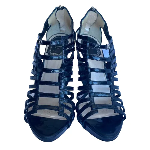 CHRISTIAN DIOR Black Patent Leather Caged Strappy Heel Sandals, Size 36.5
