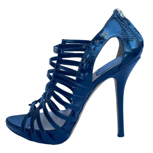 CHRISTIAN DIOR Black Patent Leather Caged Strappy Heel Sandals, Size 36.5