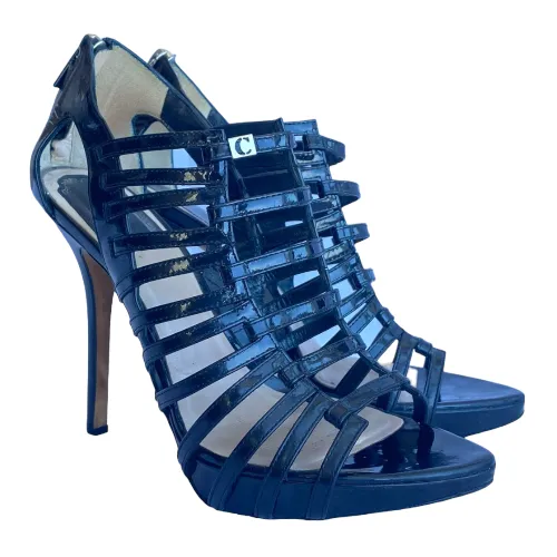CHRISTIAN DIOR Black Patent Leather Caged Strappy Heel Sandals, Size 36.5