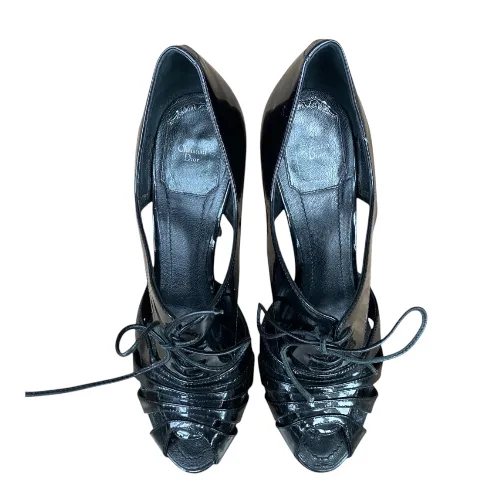 CHRISTIAN DIOR Black Patent Leather Cutout Peep Toe Lace Up Booties, Size 37.5