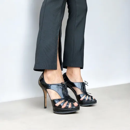 CHRISTIAN DIOR Black Patent Leather Cutout Peep Toe Lace Up Booties, Size 37.5