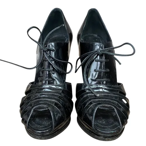 CHRISTIAN DIOR Black Patent Leather Cutout Peep Toe Lace Up Booties, Size 37.5