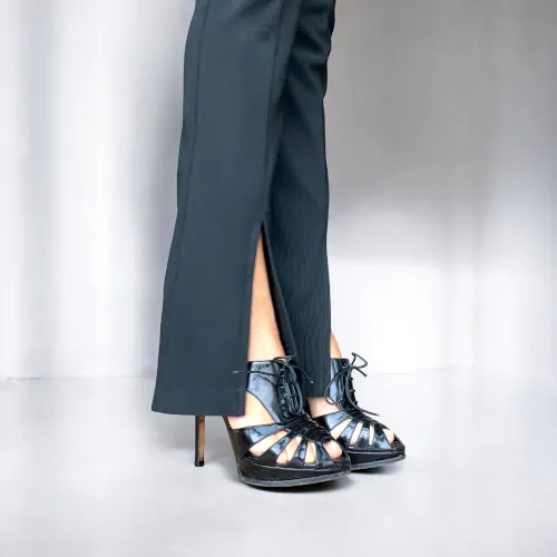 CHRISTIAN DIOR Black Patent Leather Cutout Peep Toe Lace Up Booties, Size 37.5
