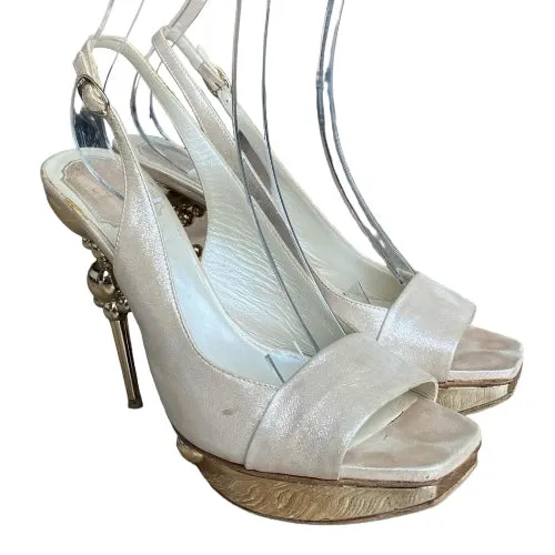 CHRISTIAN DIOR Pearly Beige Nubuck Geometric Gold Heel Slingback Pumps, Size 39