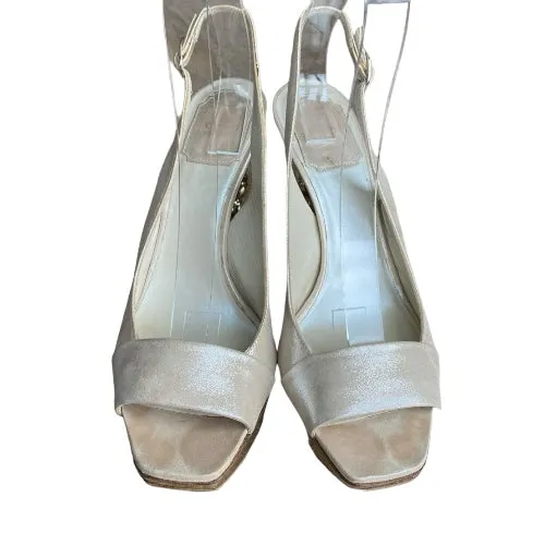 CHRISTIAN DIOR Pearly Beige Nubuck Geometric Gold Heel Slingback Pumps, Size 39