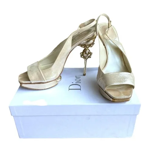 CHRISTIAN DIOR Pearly Beige Nubuck Geometric Gold Heel Slingback Pumps, Size 39