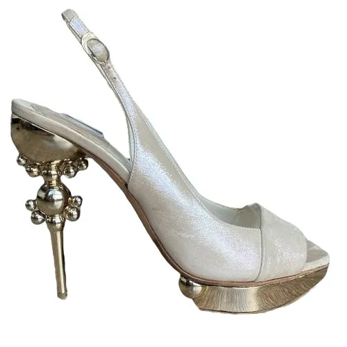 CHRISTIAN DIOR Pearly Beige Nubuck Geometric Gold Heel Slingback Pumps, Size 39