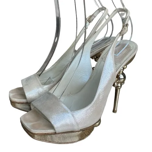 CHRISTIAN DIOR Pearly Beige Nubuck Geometric Gold Heel Slingback Pumps, Size 39