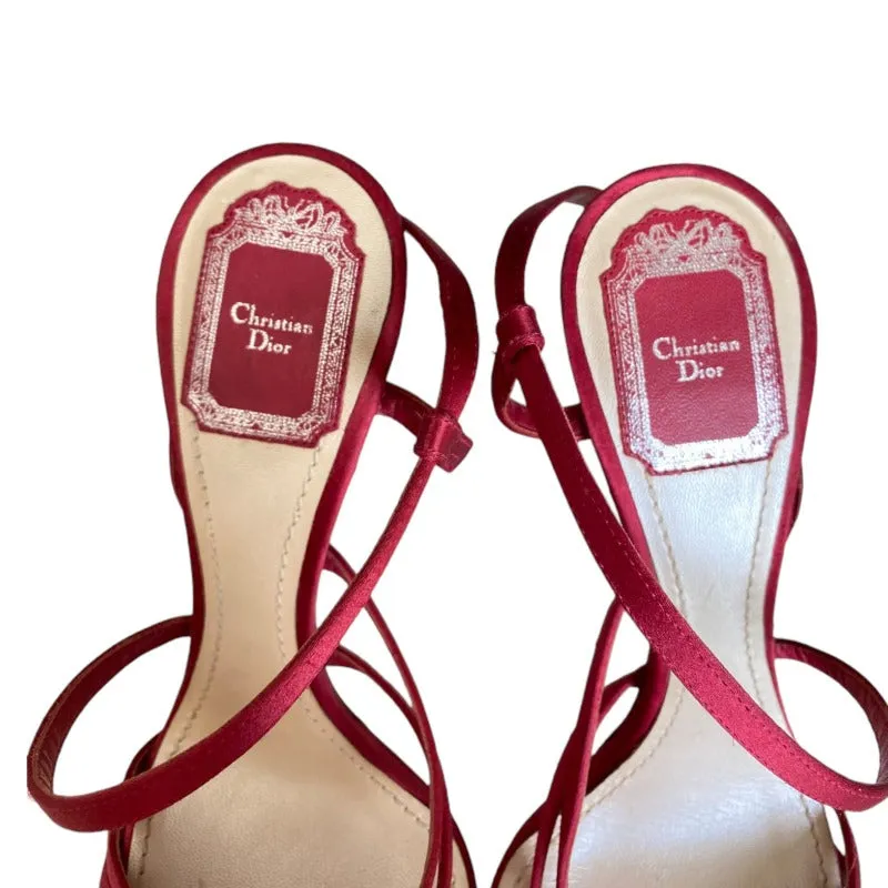 CHRISTIAN DIOR Red Satin Strappy Slingback Stiletto Heeled Sandals, Size 38.5