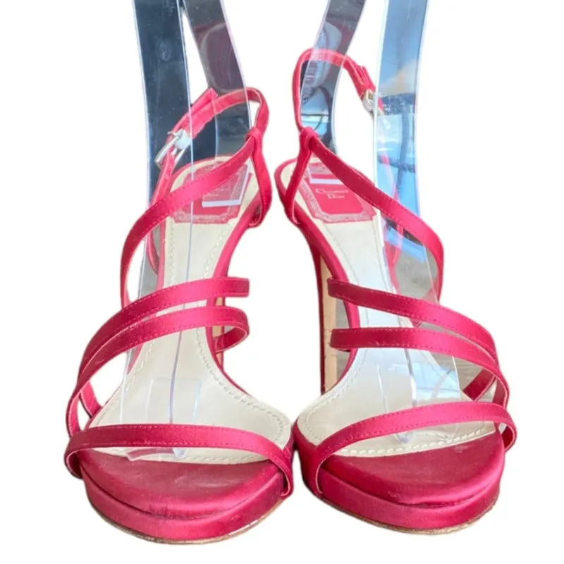 CHRISTIAN DIOR Red Satin Strappy Slingback Stiletto Heeled Sandals, Size 38.5