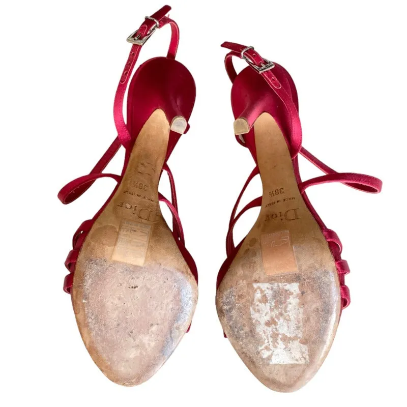 CHRISTIAN DIOR Red Satin Strappy Slingback Stiletto Heeled Sandals, Size 38.5