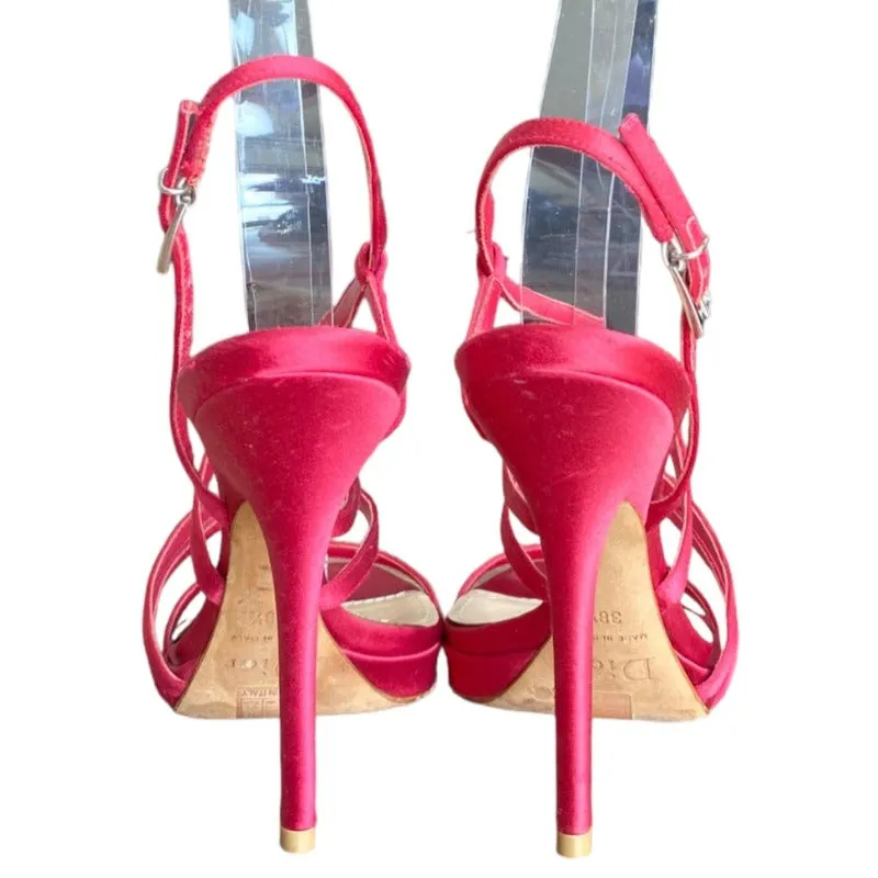 CHRISTIAN DIOR Red Satin Strappy Slingback Stiletto Heeled Sandals, Size 38.5