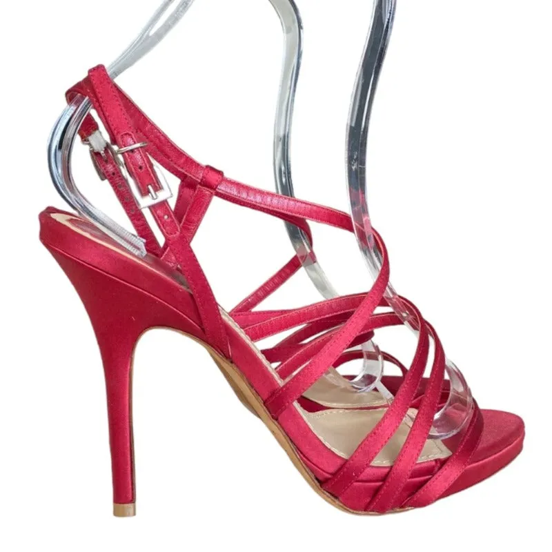 CHRISTIAN DIOR Red Satin Strappy Slingback Stiletto Heeled Sandals, Size 38.5