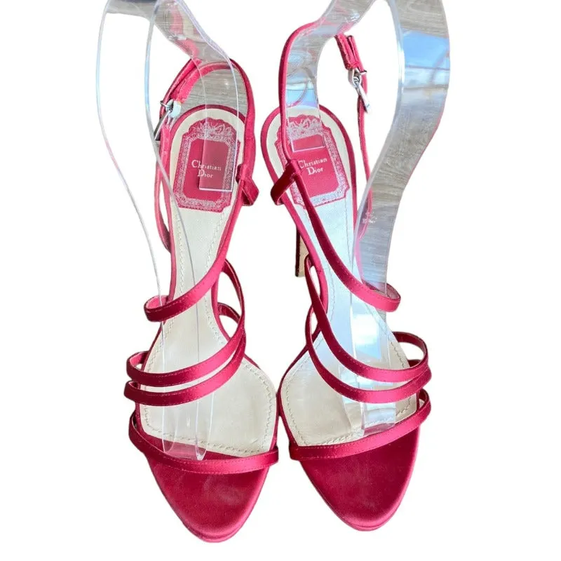 CHRISTIAN DIOR Red Satin Strappy Slingback Stiletto Heeled Sandals, Size 38.5