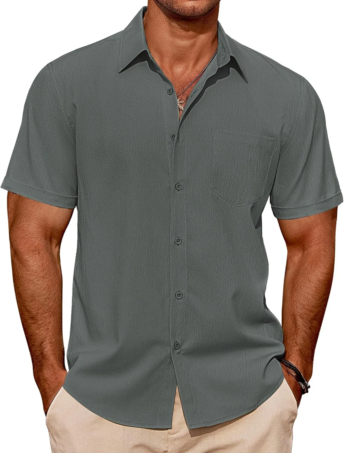 COOFANDY Mens Casual Short Sleeve Shirts Summer Beach Shirt Button Down Textured Shirts Vacation Hawaiian Shirts
