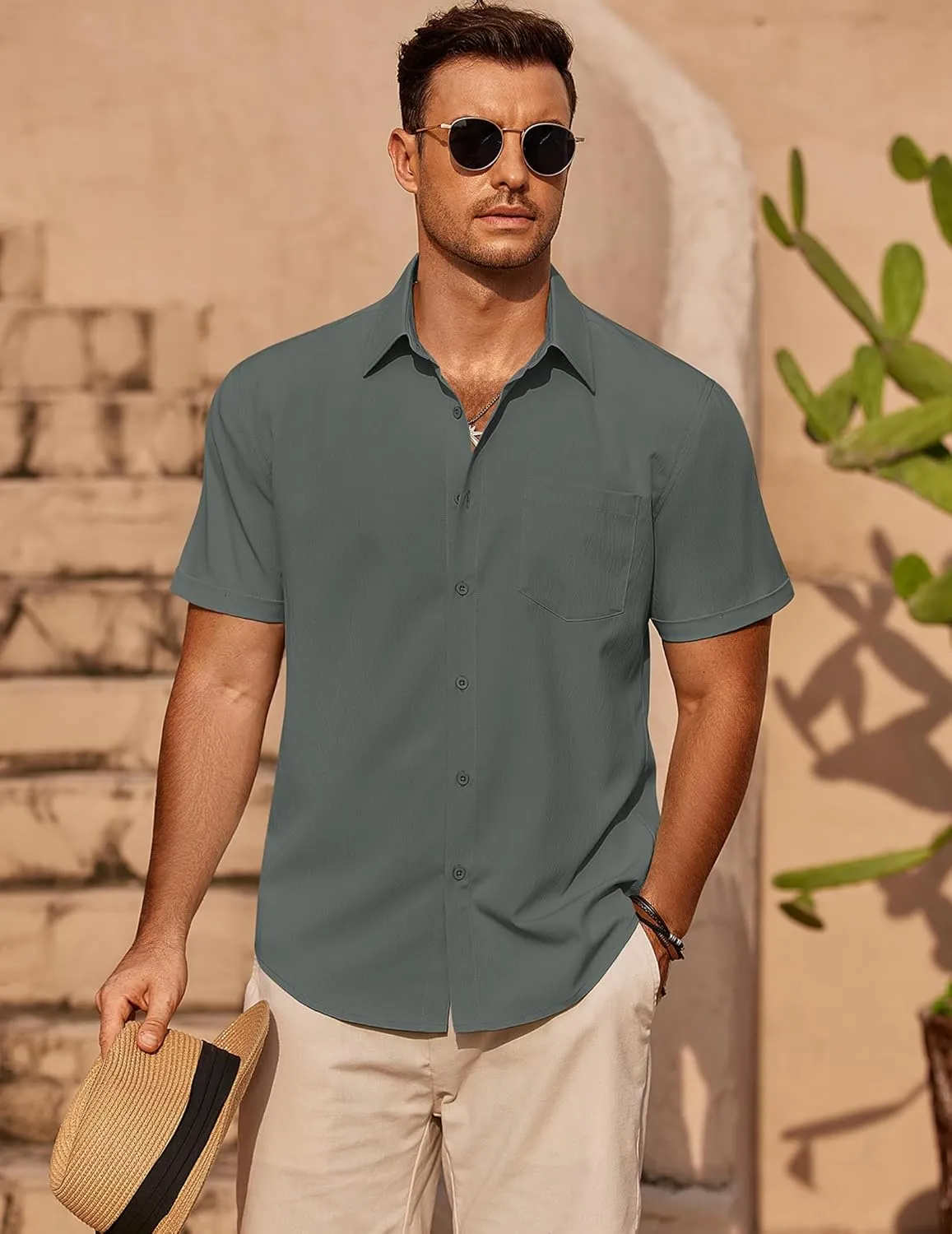 COOFANDY Mens Casual Short Sleeve Shirts Summer Beach Shirt Button Down Textured Shirts Vacation Hawaiian Shirts