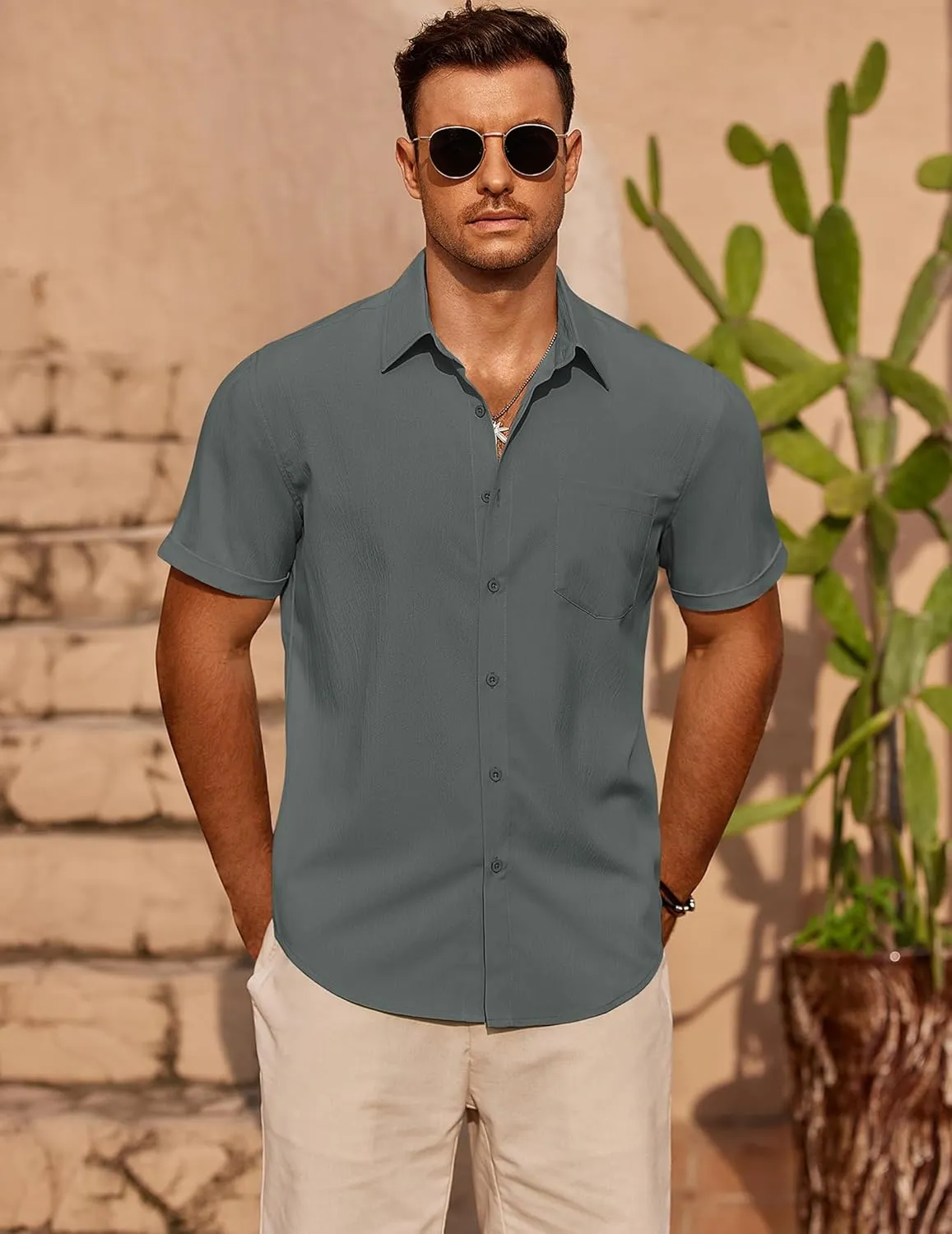 COOFANDY Mens Casual Short Sleeve Shirts Summer Beach Shirt Button Down Textured Shirts Vacation Hawaiian Shirts