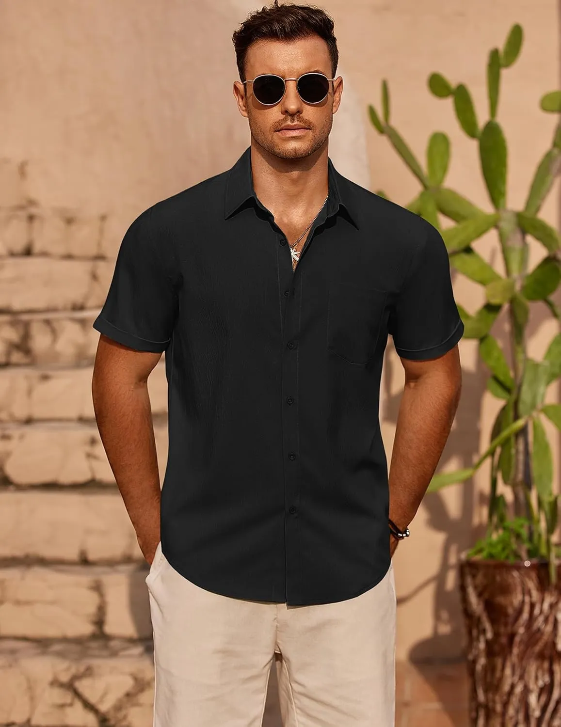 COOFANDY Mens Casual Short Sleeve Shirts Summer Beach Shirt Button Down Textured Shirts Vacation Hawaiian Shirts