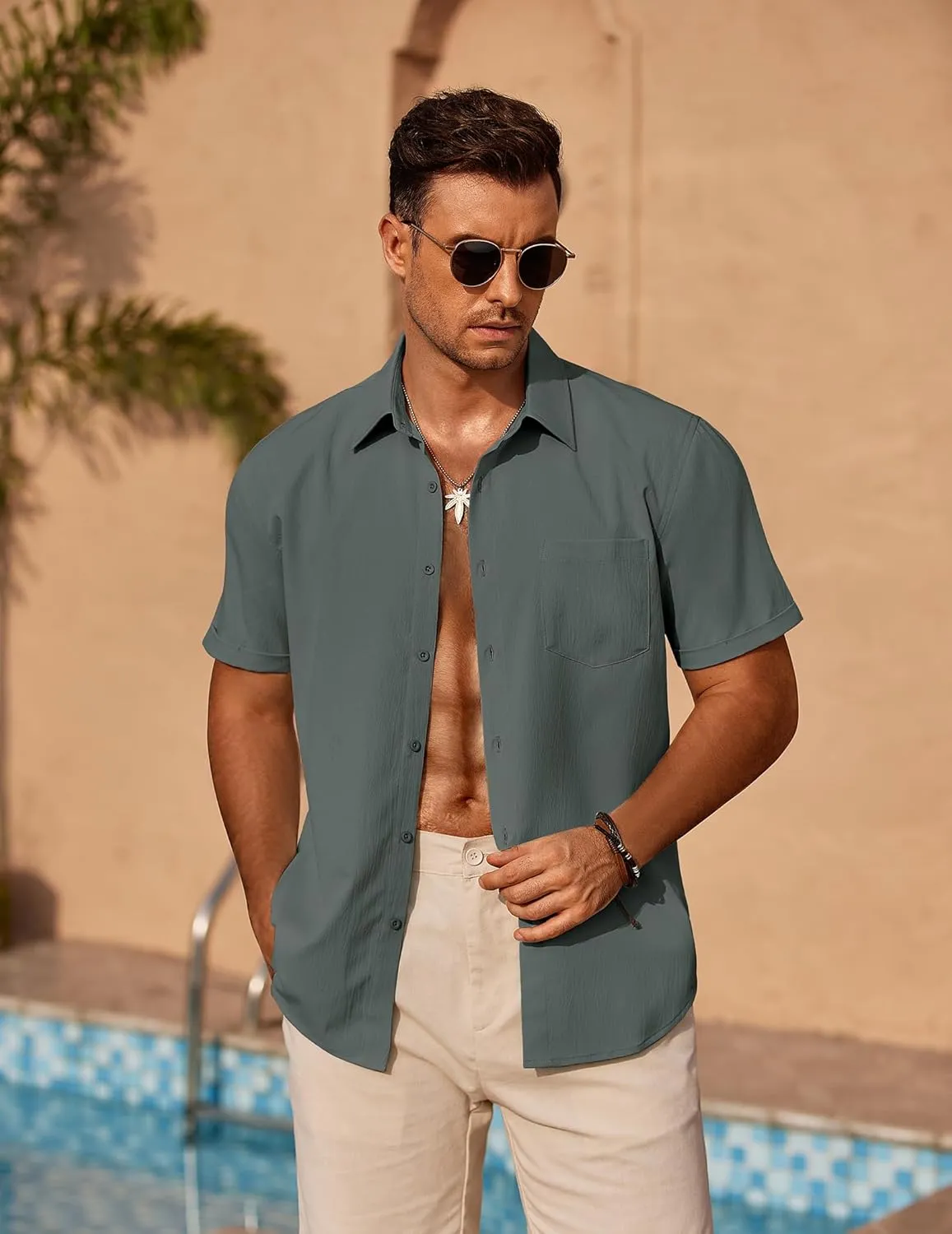 COOFANDY Mens Casual Short Sleeve Shirts Summer Beach Shirt Button Down Textured Shirts Vacation Hawaiian Shirts