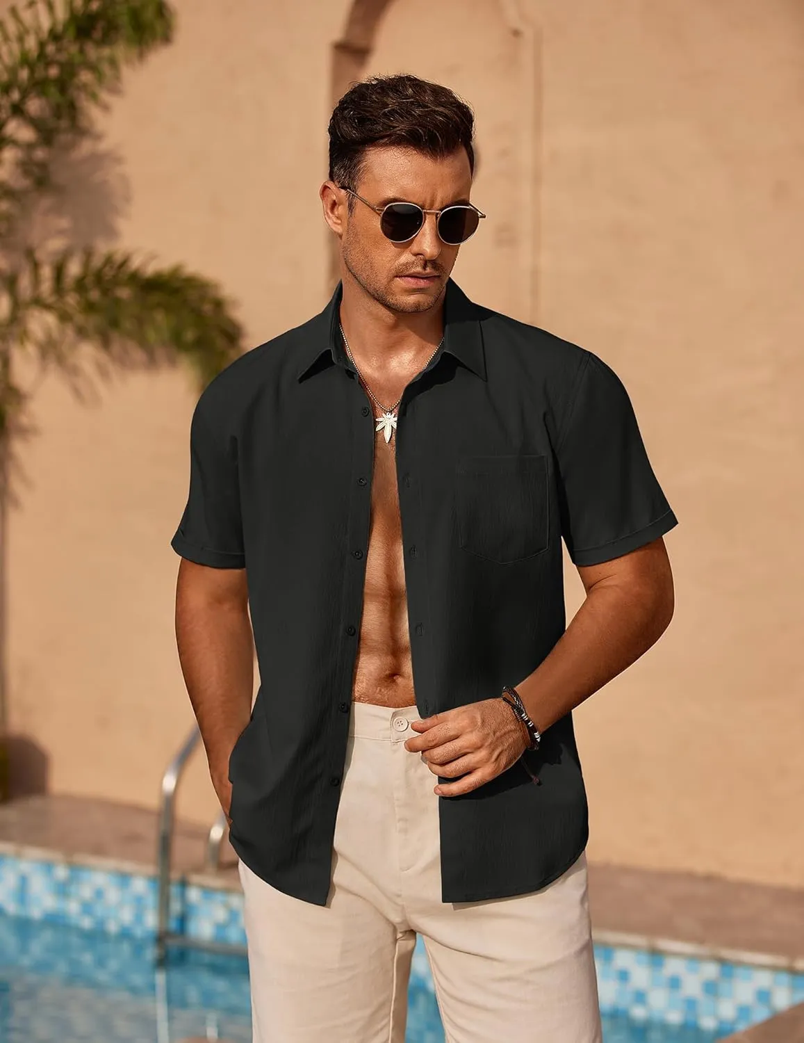 COOFANDY Mens Casual Short Sleeve Shirts Summer Beach Shirt Button Down Textured Shirts Vacation Hawaiian Shirts