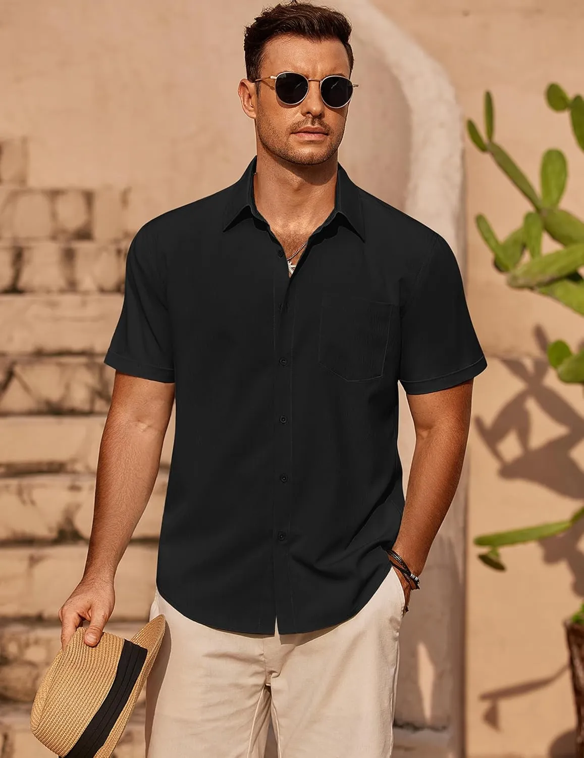COOFANDY Mens Casual Short Sleeve Shirts Summer Beach Shirt Button Down Textured Shirts Vacation Hawaiian Shirts