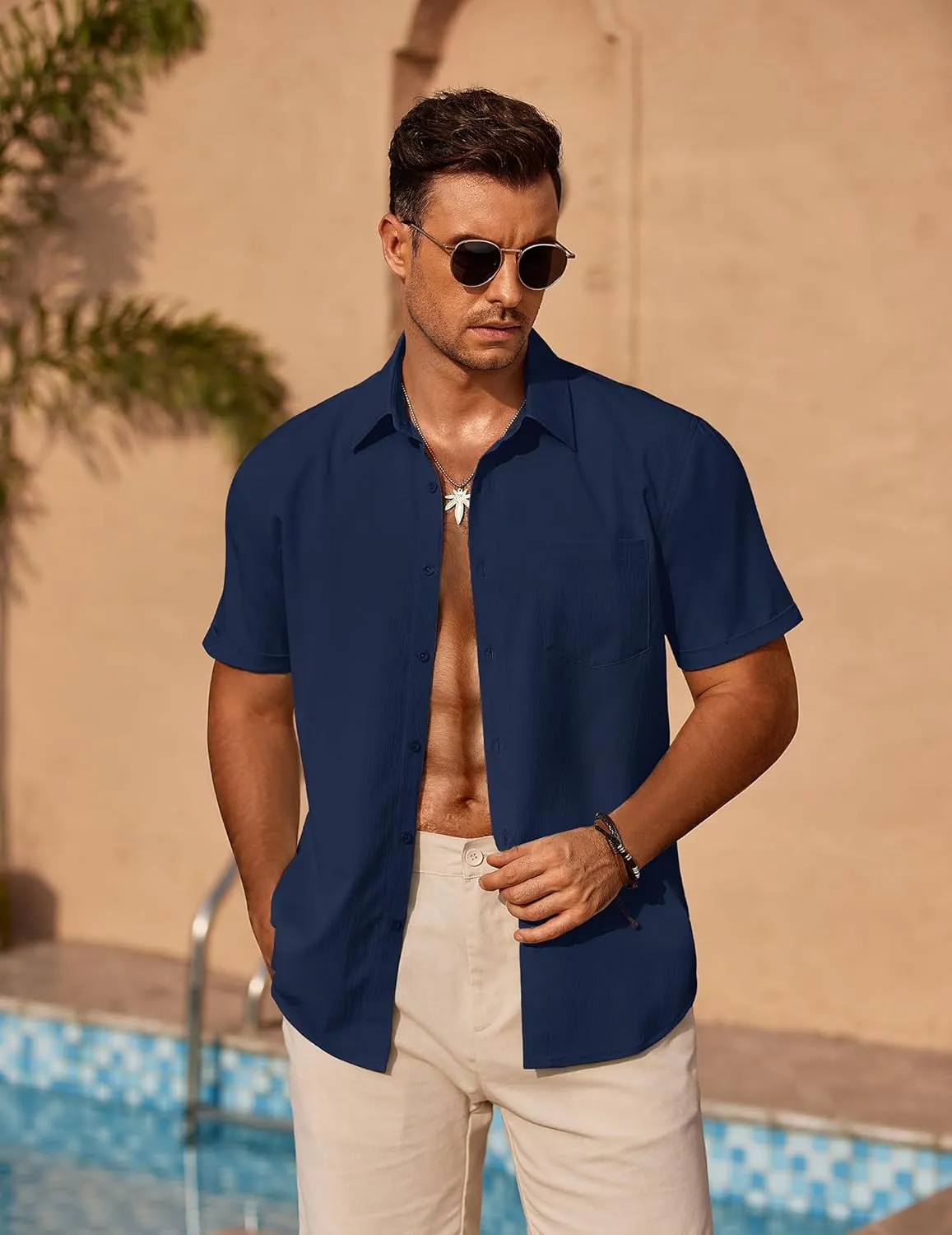 COOFANDY Mens Casual Short Sleeve Shirts Summer Beach Shirt Button Down Textured Shirts Vacation Hawaiian Shirts
