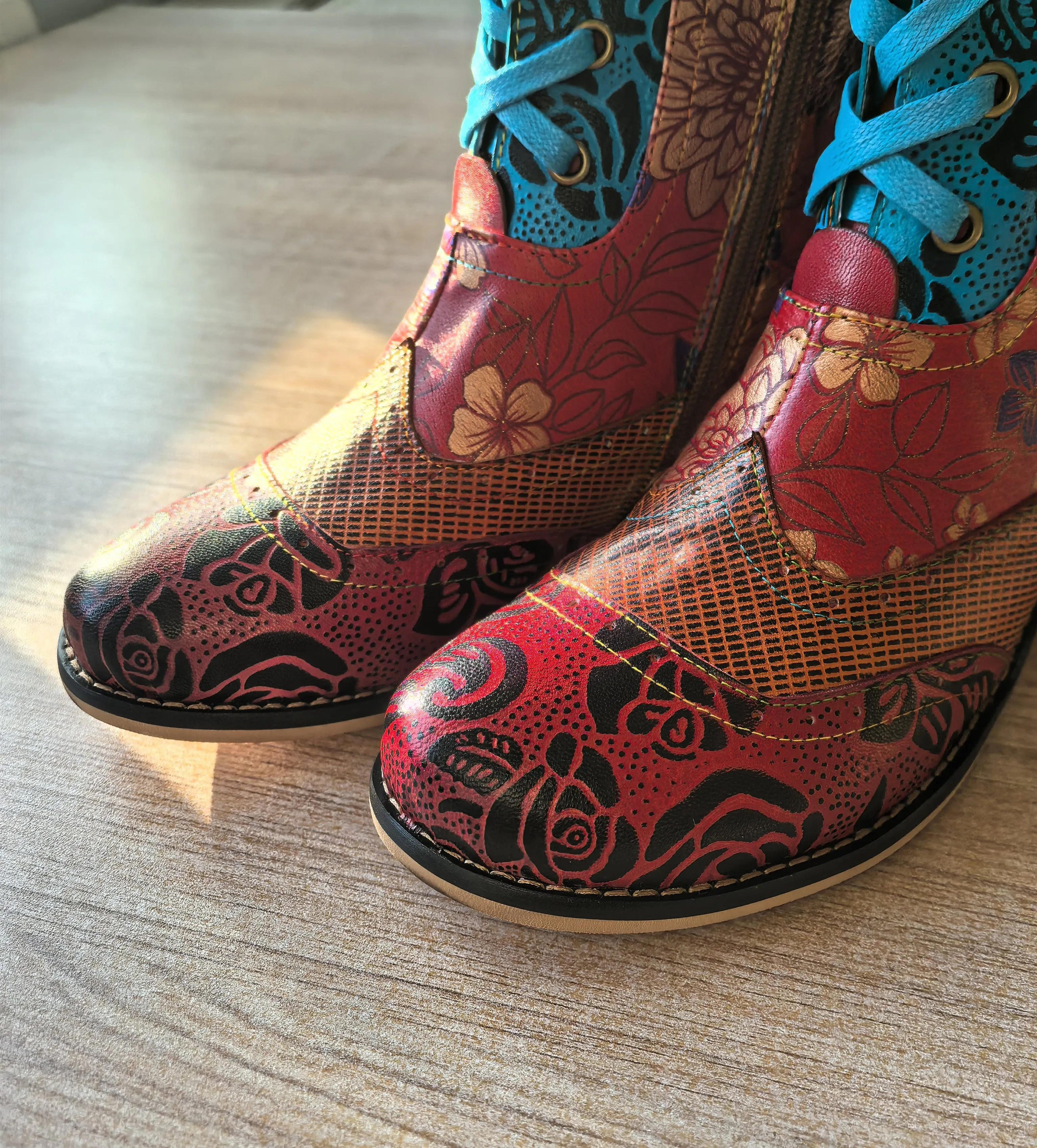 CrazycatZ Womens Boots Bohemian Block Heel Leather Colorful Ankle Boots Red