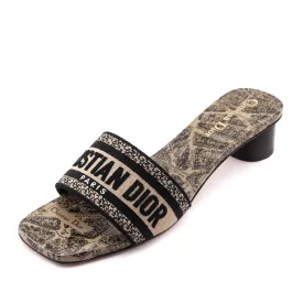 Dior Black & Beige Embroidered Canvas Dway Heeled Slides Size US 8.5 | EU 38.5