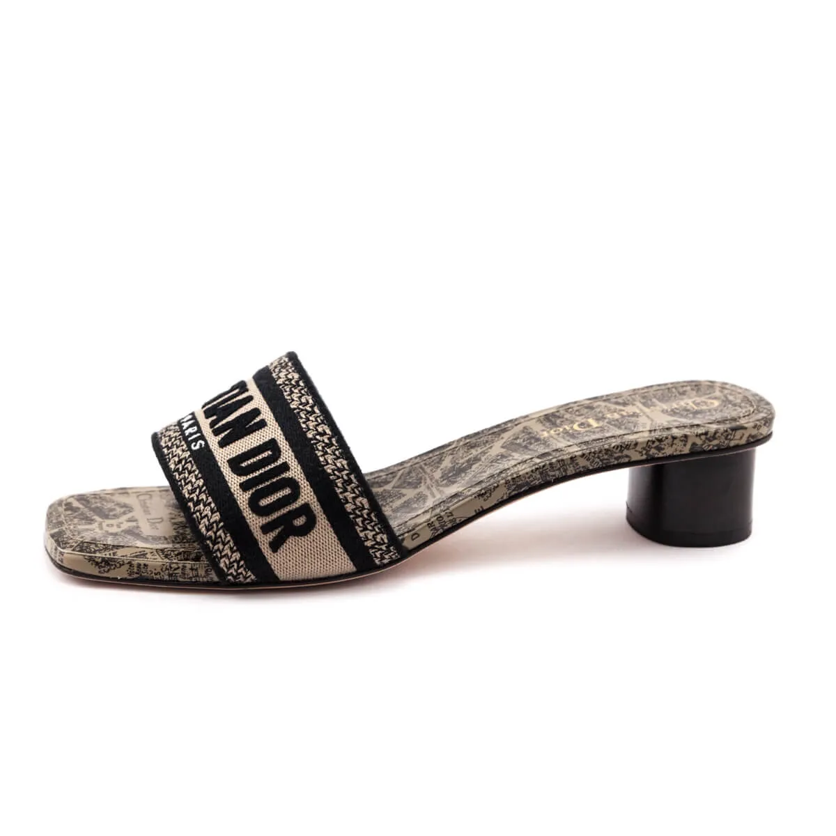 Dior Black & Beige Embroidered Canvas Dway Heeled Slides Size US 8.5 | EU 38.5