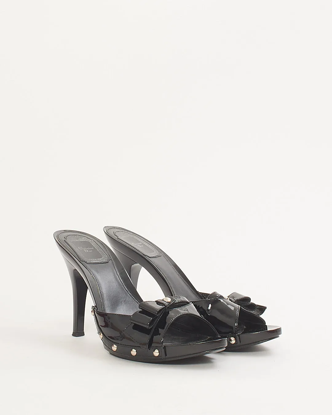 Dior Black Patent Leather Bow Heeled Sandals - 38.5