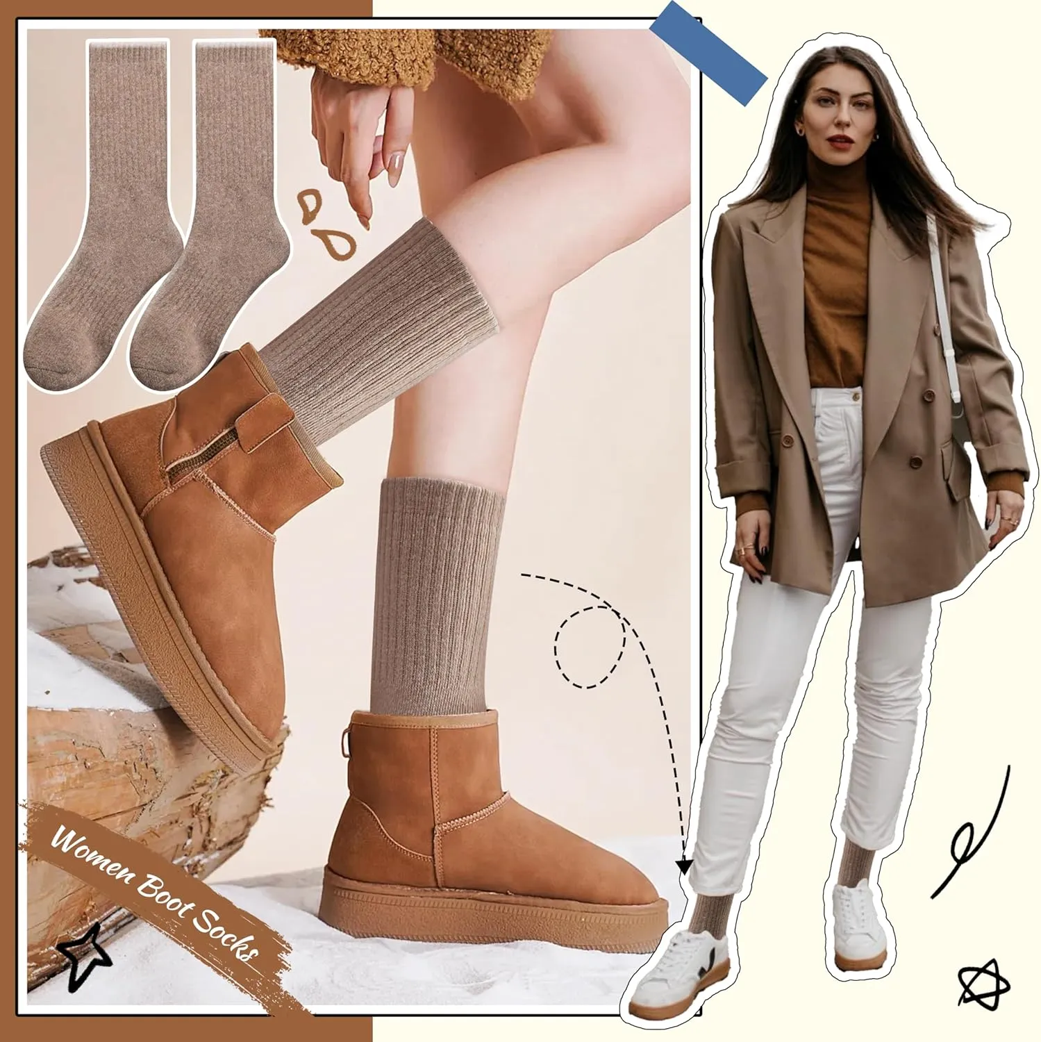 EBMORE Merino Wool Socks for Women Hiking Thermal Warm Winter Thick Boot Cozy Crew Comfy Work Socks for Ladies 5 Pairs