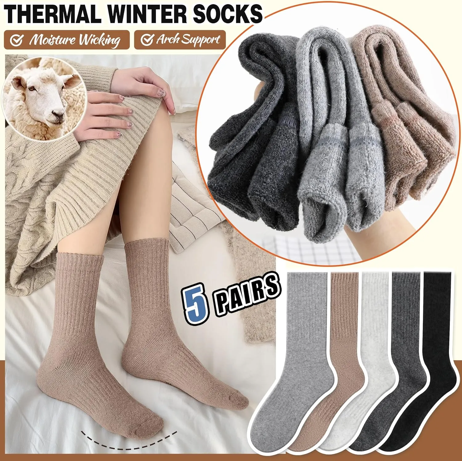 EBMORE Merino Wool Socks for Women Hiking Thermal Warm Winter Thick Boot Cozy Crew Comfy Work Socks for Ladies 5 Pairs