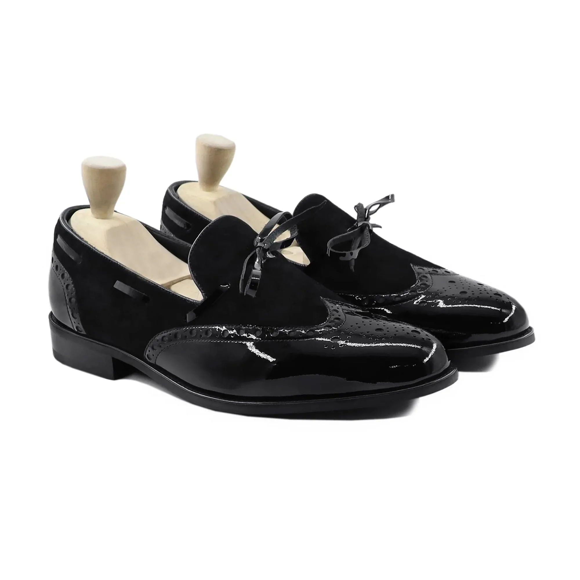 Handmade Custom Black Patent and Suede Leather Mens Loafers