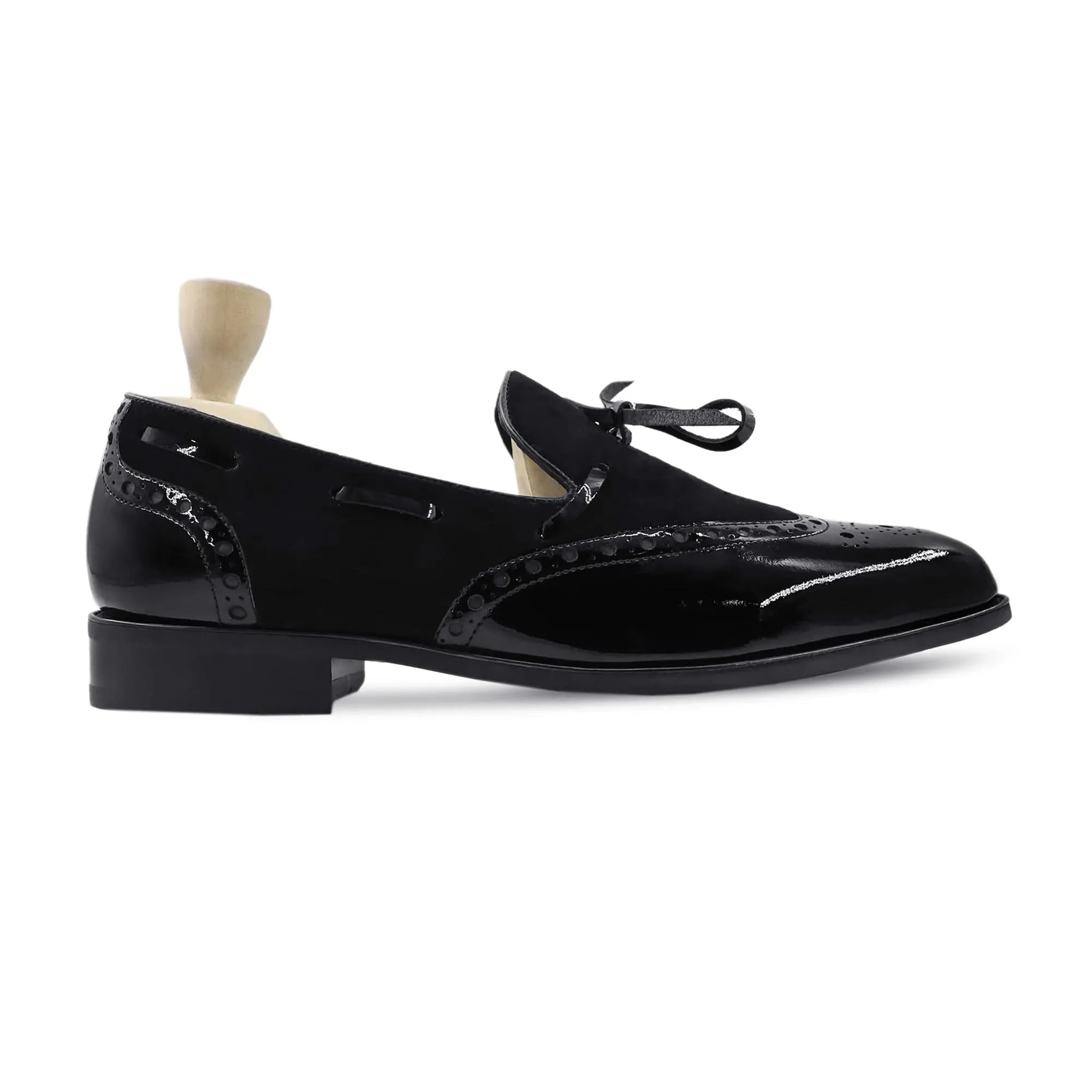 Handmade Custom Black Patent and Suede Leather Mens Loafers
