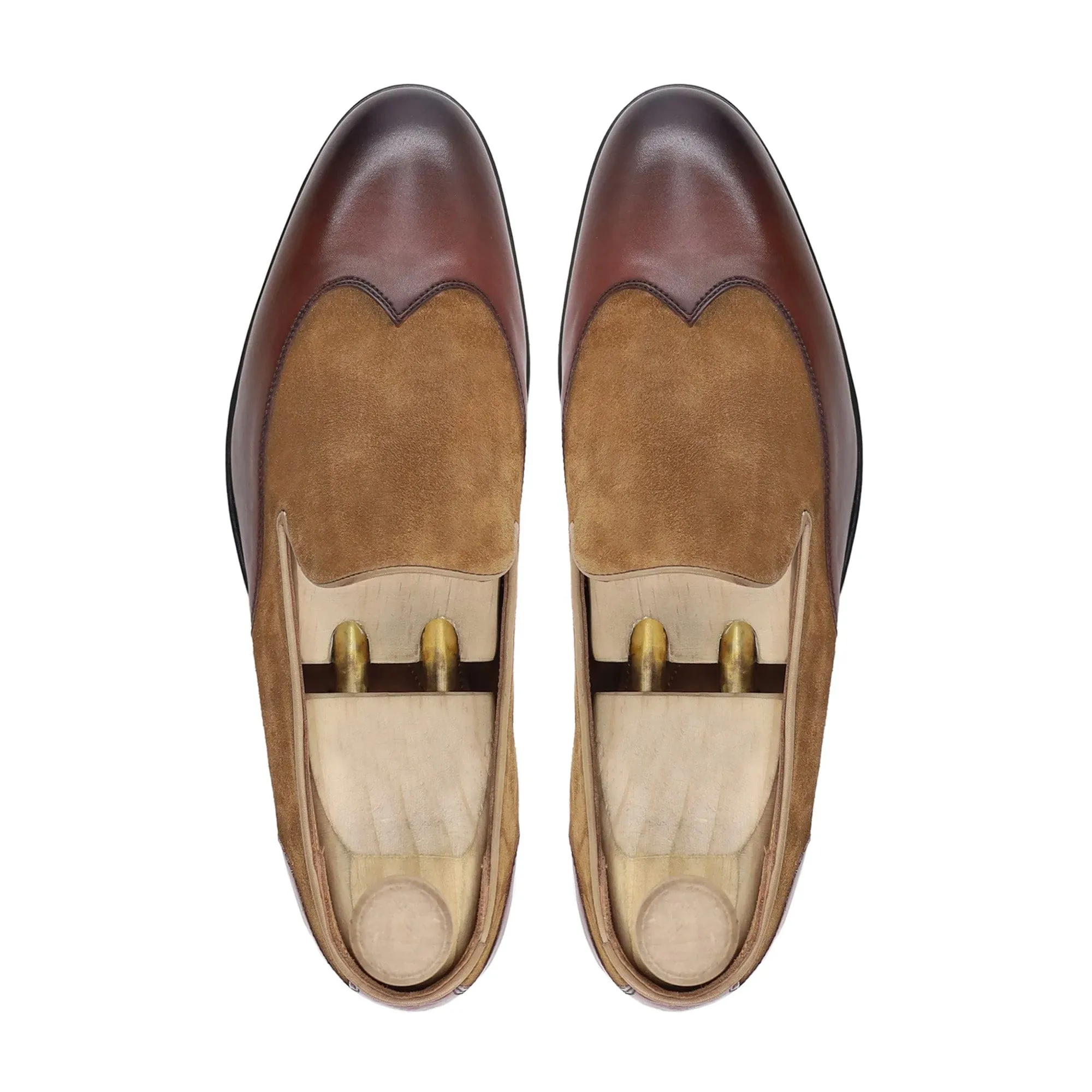 Handmade Custom Oxblood Calf and Camel Suede Leather Mens Loafers