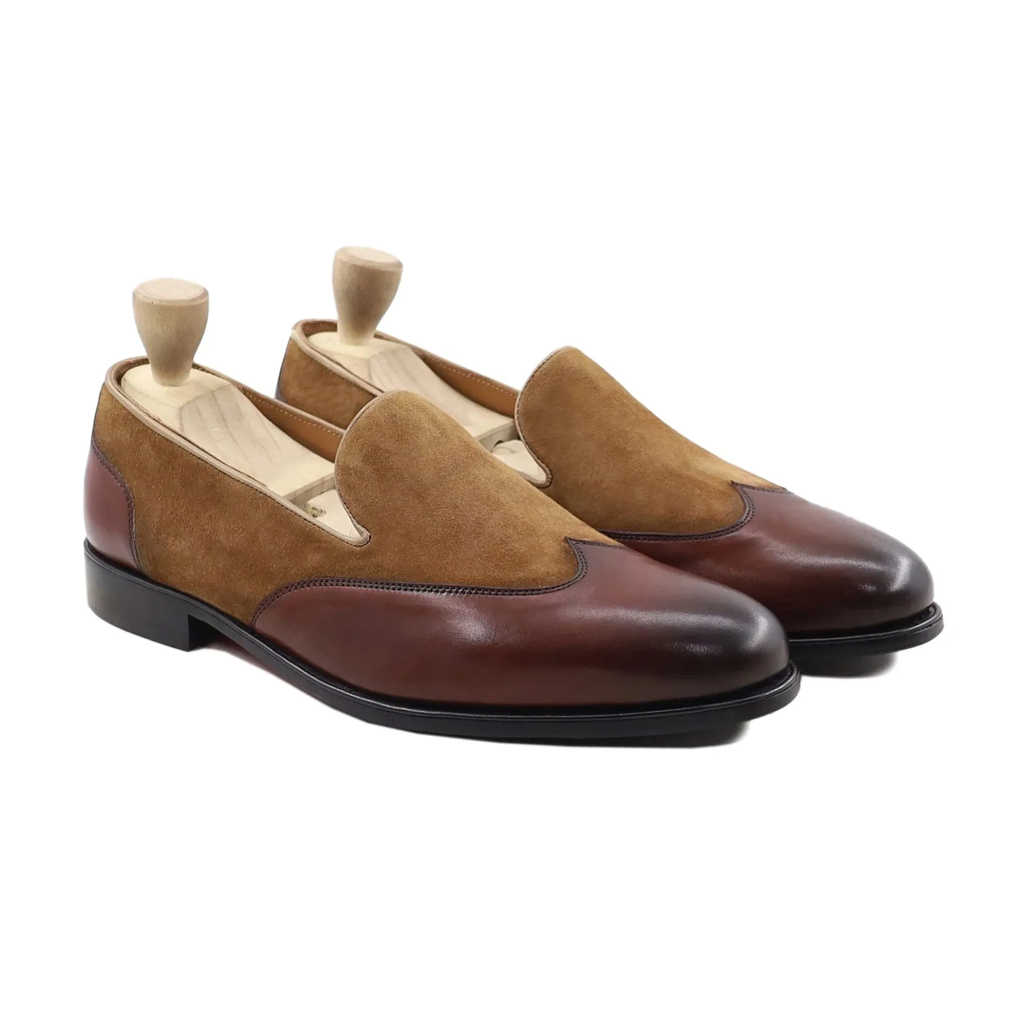Handmade Custom Oxblood Calf and Camel Suede Leather Mens Loafers