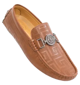 Men's Tan Fashion Design Cognac Loafer Slip-on Greek Key Printed Driver Sliver Buckle