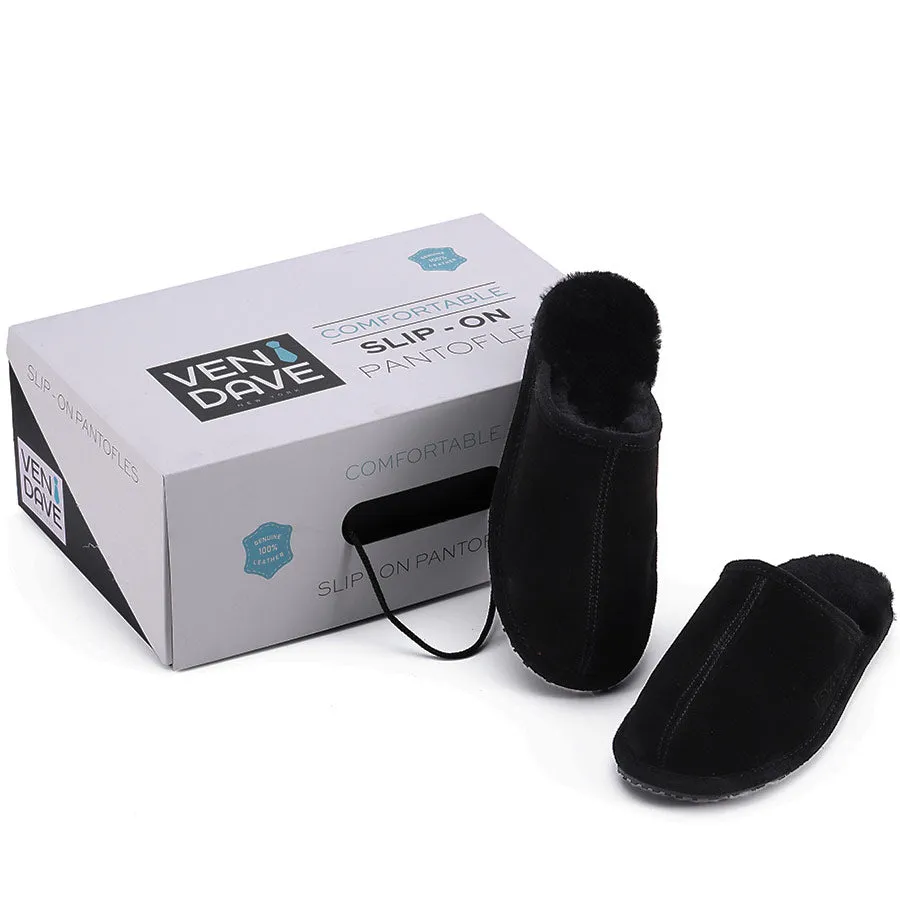 Mens Ven Dave Leather / Black Fur Slippers